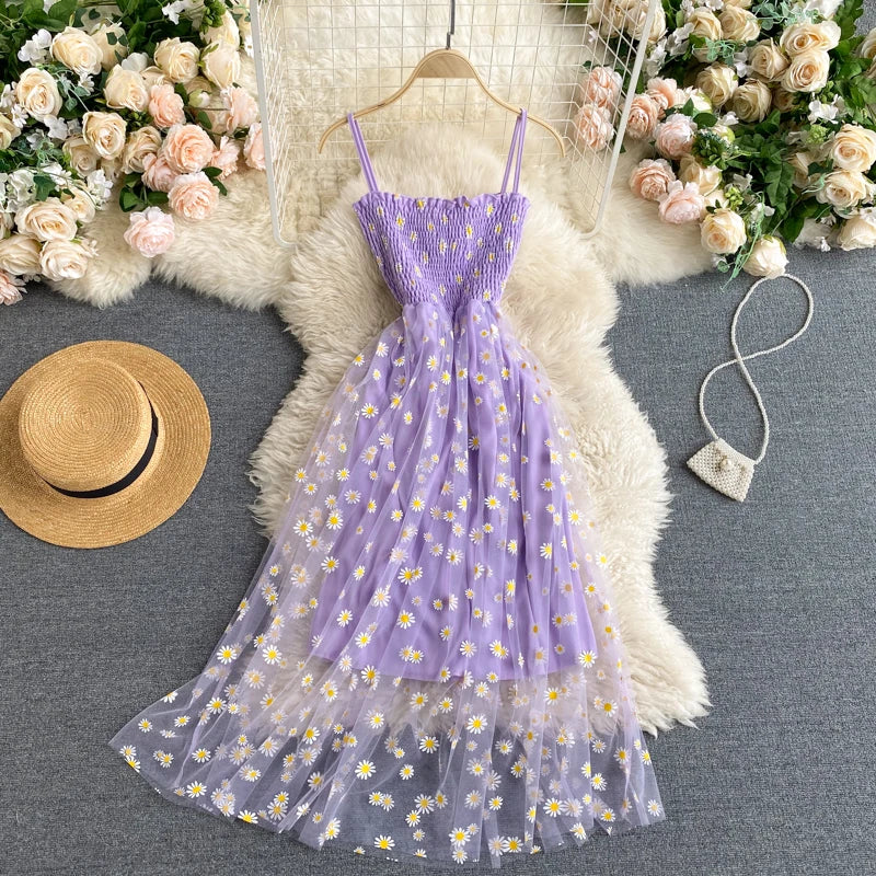 YuooMuoo Koreanische Mode Gänseblümchen Blumendruck Mesh Partykleid Sommer Zweilagiges Spaghettiträger Urlaub Midi Kleid Strandkleid