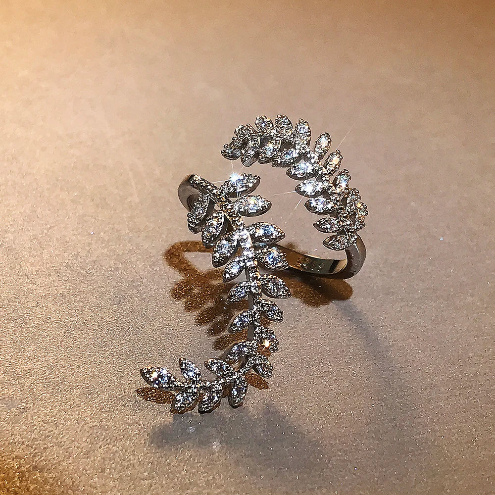 Huitan Graceful Leaves Both End of Open Ring Silver Color Cocktail Party Rings Shine Crystal Zircon Fashion Women Jewelry