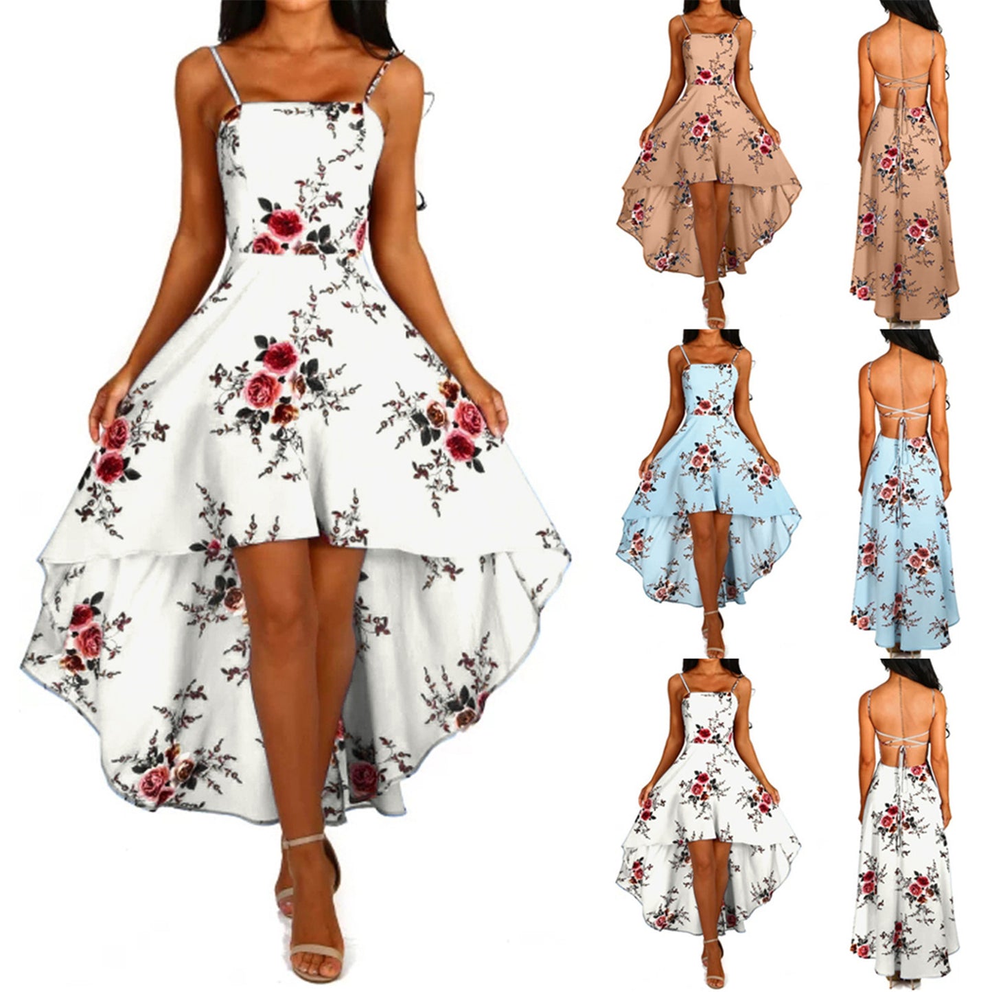 Women Holiday Floral Print Long Dresses Summer Spaghetti Strap Beach Swing Party A Line Dress Sexy Backless Irregular Dress Robe