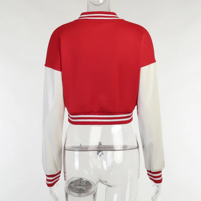 Patchwork Short Jacket Women Fall Casual Letter Print Button Baseball Uniform Coat Y2K Fashion Sporty Sweatshirt Oversize