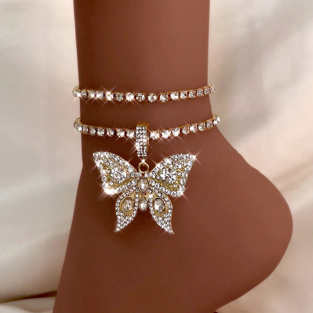 Vergoldete Kristall-Strass Schmetterling Anhänger Fußkettchen für Frauen, mehrschichtige große Strass Tennis-Kette Fußschmuck