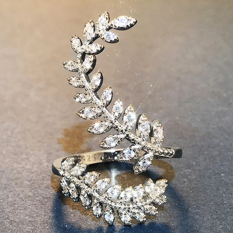 Huitan Graceful Leaves Both End of Open Ring Silver Color Cocktail Party Rings Shine Crystal Zircon Fashion Women Jewelry