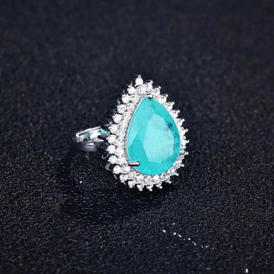 Luxuriöser geometrischer Paraiba Turmalin Edelstein Silberfarbener Damenring Temperament Damen Trendiger Vintage Schmuck