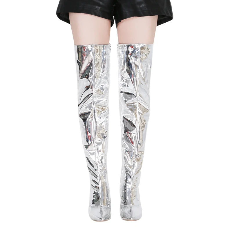 Women Sexy Silver Mirror Thigh High Boots T Show Pointy Toe Club Party Shoes Thin High Heels Over The Knee Long Boots For Women