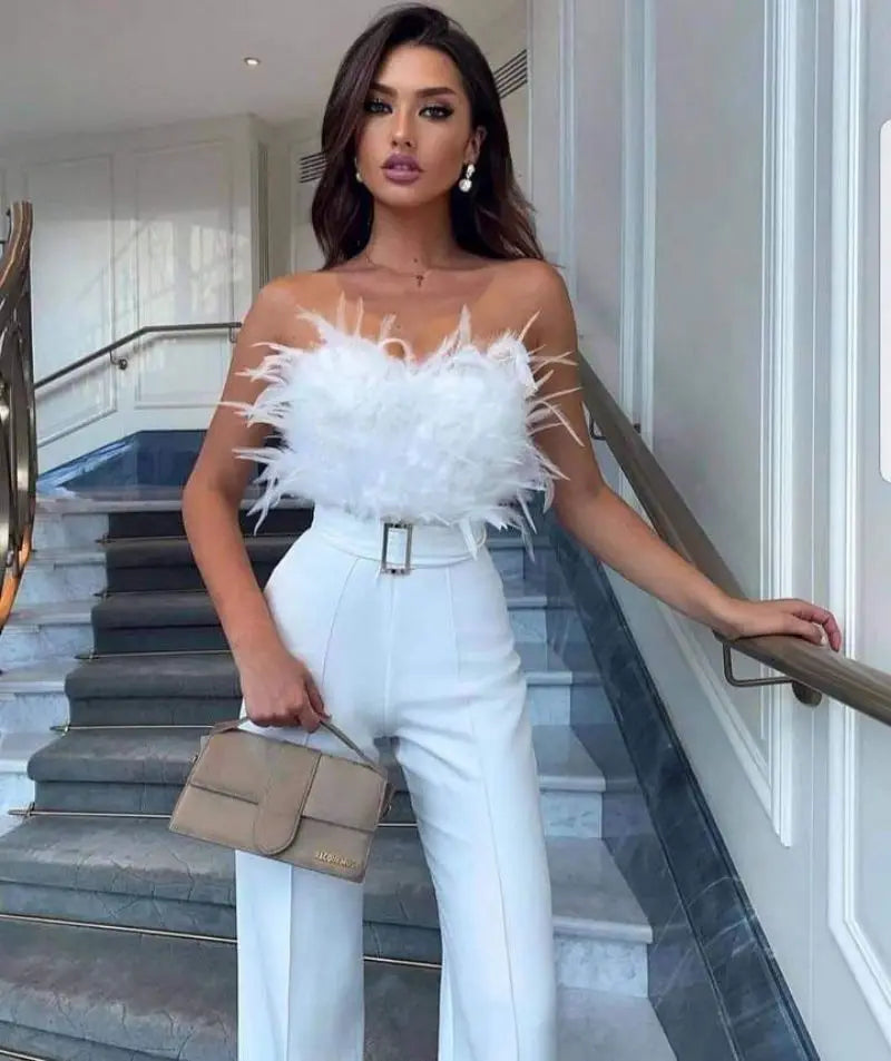 Damen Sexy Jumpsuit Brustwickel Frühling Sommer Mode Weiblich Elegant Weiß Empire Lässig Gerade Lange Jumpsuits