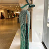 Hunter Green Mermaid Evening Dress One Shoulder Sequins Ruffles Party Dresses Custom Made Glitter Split Floor Length Prom Gowns