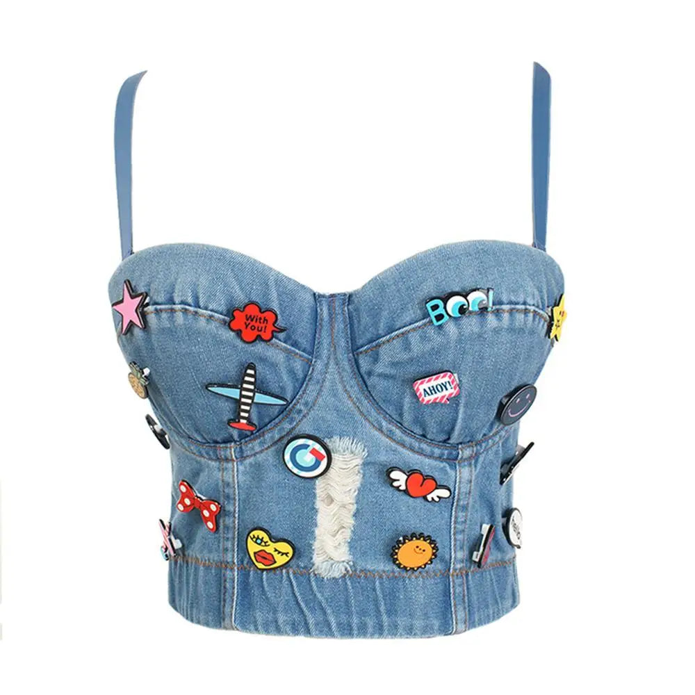 Irene Tinnie Sexy Cute Loch Cartoon Dekoration Push Up Bustier Damen Jeans Bralette Cropped Top Weste Große Größe