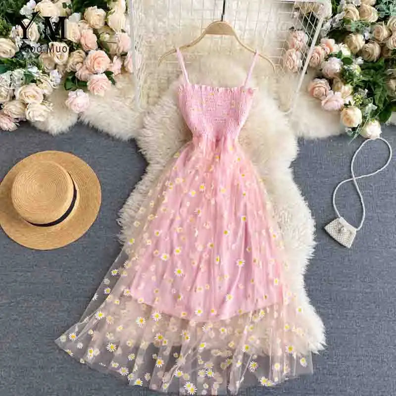 YuooMuoo Koreanische Mode Gänseblümchen Blumendruck Mesh Partykleid Sommer Zweilagiges Spaghettiträger Urlaub Midi Kleid Strandkleid