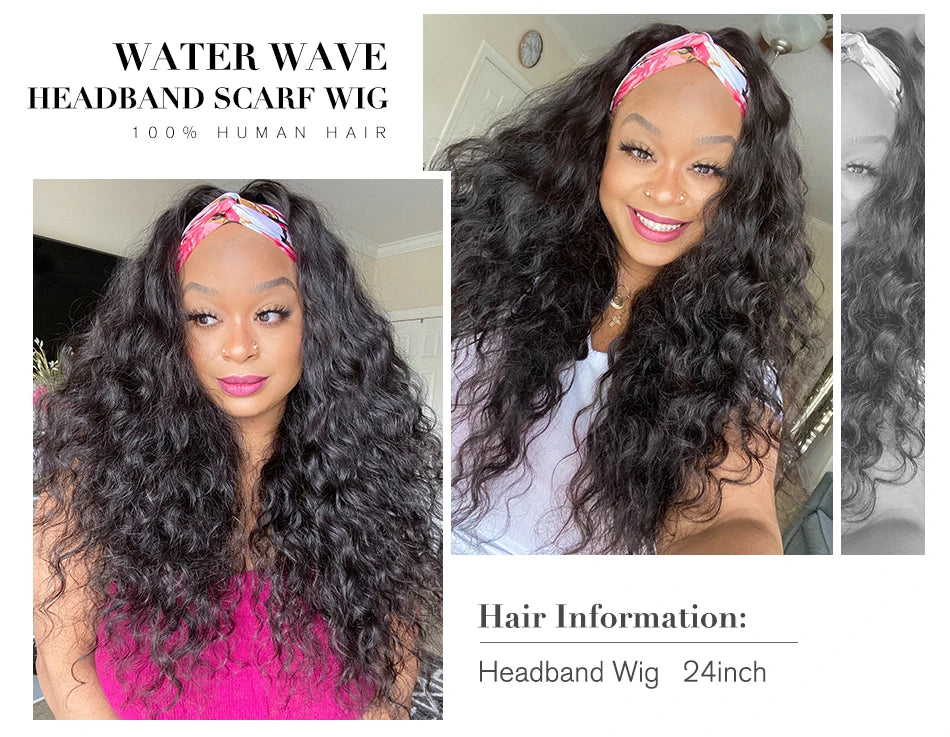 Unice Hair Headband Wig Human Hair Headband Scarf Wig Water Wave Human Hair Wigs for Women No Glue No Sew In Beginner Friendly