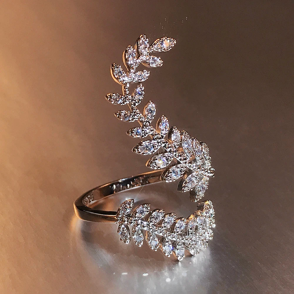Huitan Graceful Leaves Both End of Open Ring Silver Color Cocktail Party Rings Shine Crystal Zircon Fashion Women Jewelry