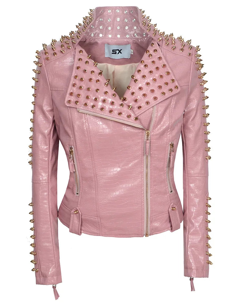SX Occident Fashion women Club hot style Stud slim fit jacket shoulder rivets zip stitching short PU leather rock coat