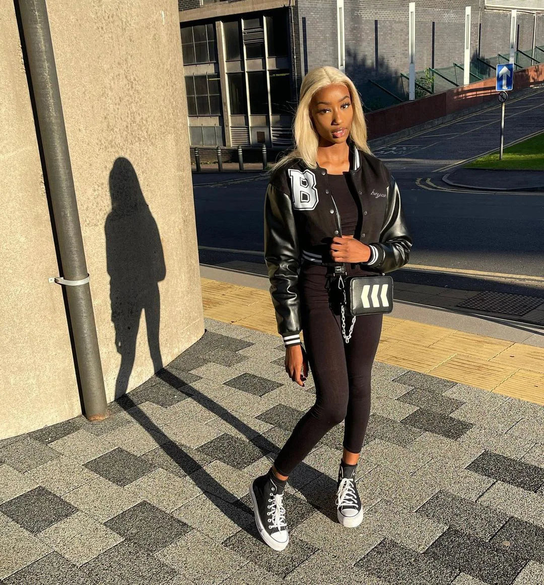 Patchwork Short Jacket Women Fall Casual Letter Print Button Baseball Uniform Coat Y2K Fashion Sporty Sweatshirt Oversize