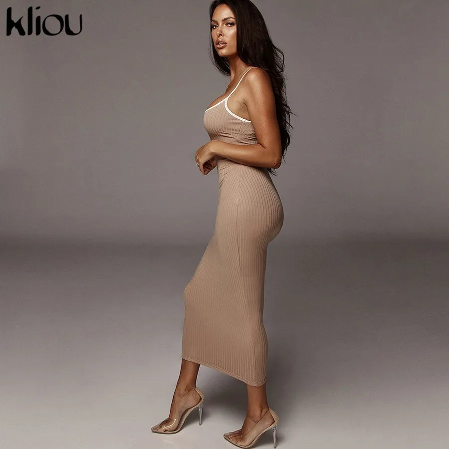 Kliou Trägerloser rückenfreier sexy Bodycon-Midikleid Neu Damen High Waist gestreifte Kleider Eleganz Mode Partykleidung