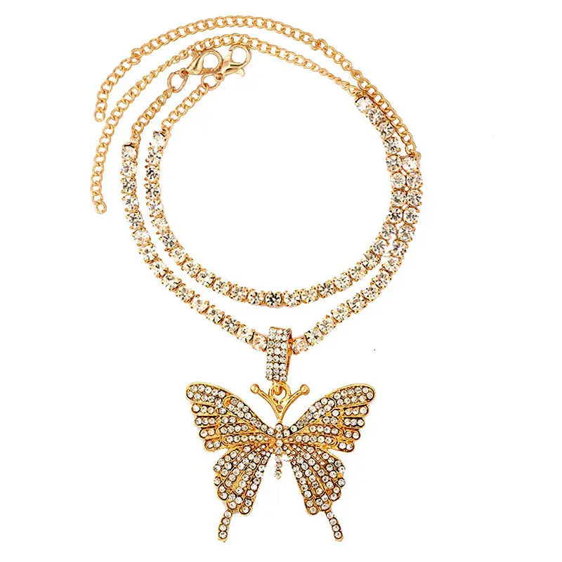 Vergoldete Kristall-Strass Schmetterling Anhänger Fußkettchen für Frauen, mehrschichtige große Strass Tennis-Kette Fußschmuck