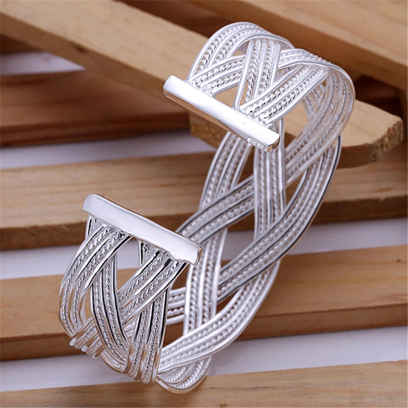 DOTEFFIL 925 Sterling Silver Interwoven Web Bangle Ring Set For Woman Wedding Engagement Party Fashion Charm Jewelry