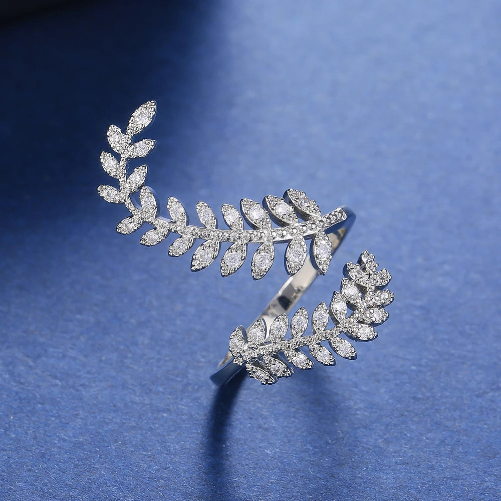 Huitan Graceful Leaves Both End of Open Ring Silver Color Cocktail Party Rings Shine Crystal Zircon Fashion Women Jewelry