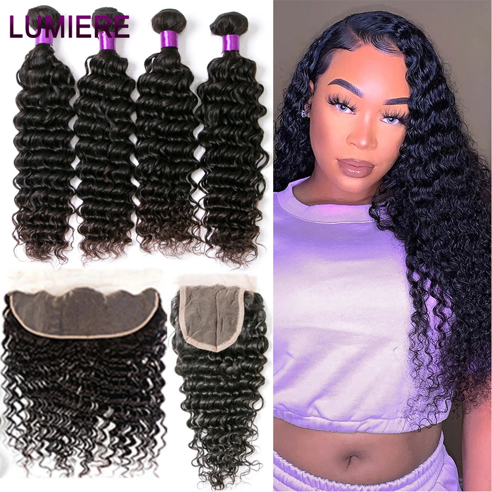 Mongolian Afro Kinky Curly Human Hair Bundles With Closure Deep Curly Hair Weave Bundles With Frontal Closure Hair Extensions