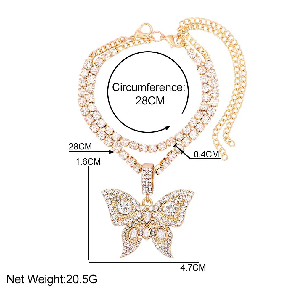 Vergoldete Kristall-Strass Schmetterling Anhänger Fußkettchen für Frauen, mehrschichtige große Strass Tennis-Kette Fußschmuck