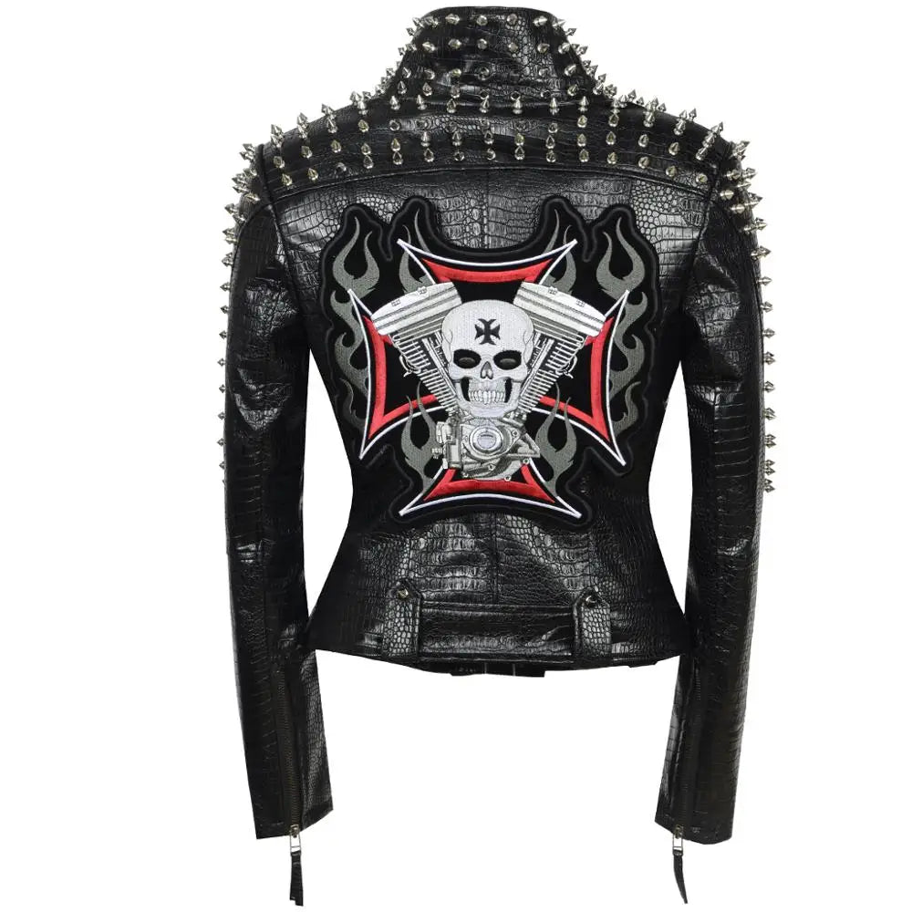 SX Occident Fashion women Club hot style Stud slim fit jacket shoulder rivets zip stitching short PU leather rock coat