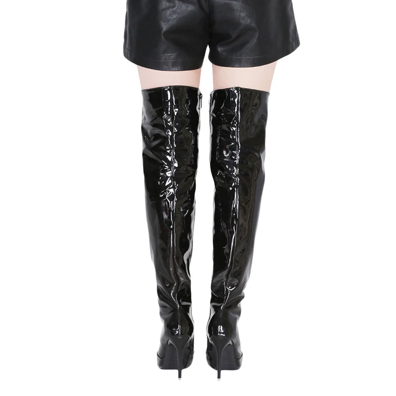 Women Sexy Silver Mirror Thigh High Boots T Show Pointy Toe Club Party Shoes Thin High Heels Over The Knee Long Boots For Women