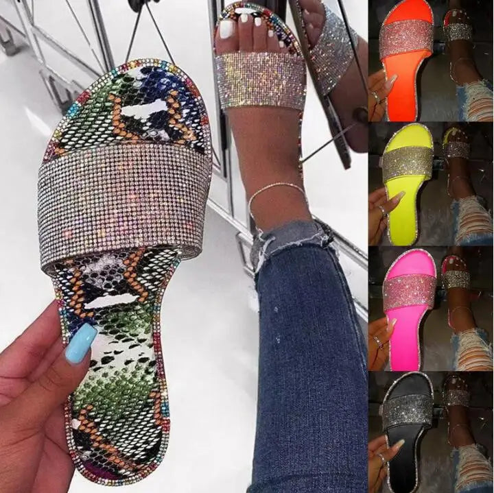 Glitter Slippers Women Summer Sandals 2023 Fashion Bling Female Candy Color Flip Flops Beach Diamond Flat Shoes Outdoor Sandals