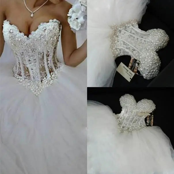 Customized Sweetheart Wedding Dresses Corset Bodice Sheer Bridal Ball Crystal Pearls Beads Rhinestones Tulle Wedding Bridal Gown