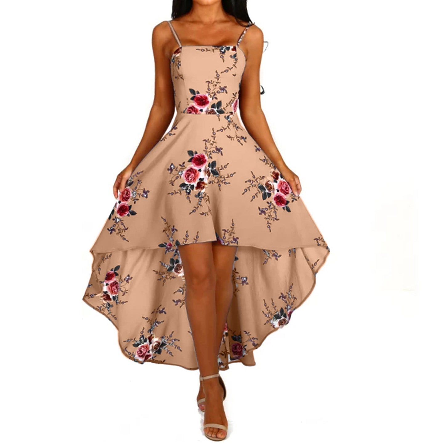 Women Holiday Floral Print Long Dresses Summer Spaghetti Strap Beach Swing Party A Line Dress Sexy Backless Irregular Dress Robe