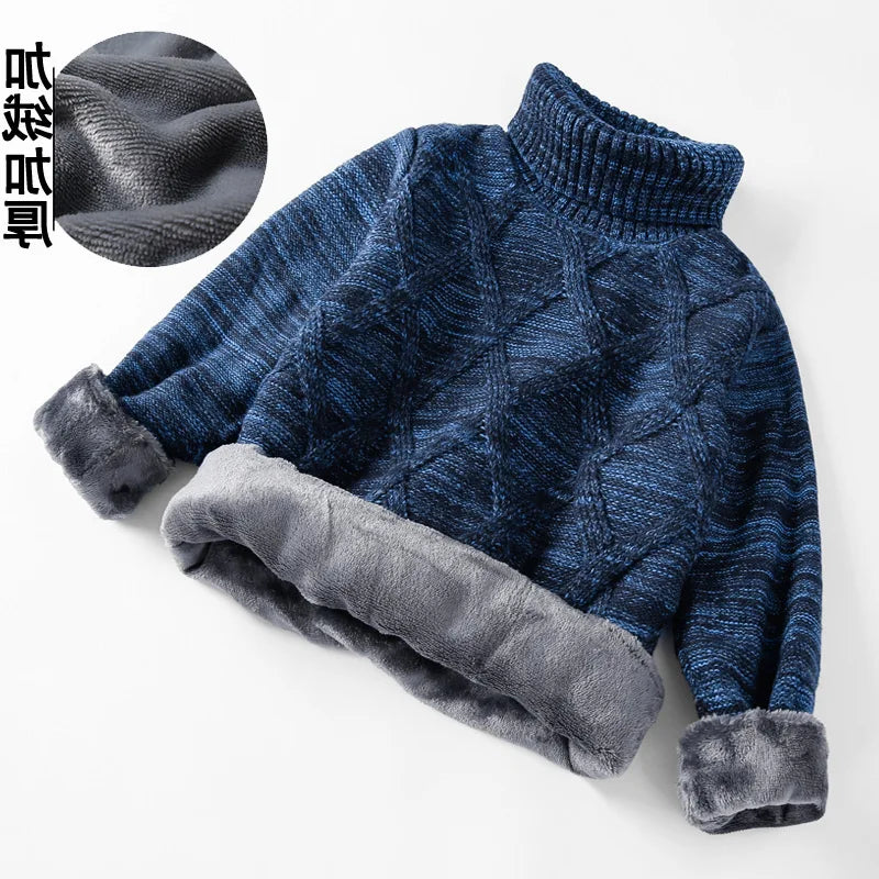 boys Plus velvet Warm turtleneck sweater Pullovers plush inside Thicken sweaters girls Winter Autumn Knitted Loose jacket 2-10Y