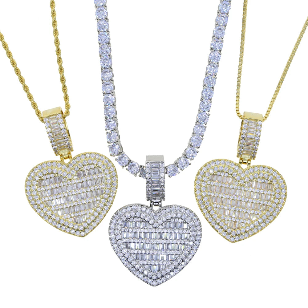 Auf Lager Iced Out Bling Damen Schmuck 5A Weißer Zirkonia Herzanhänger Halskette Mit Tennis Box Chain