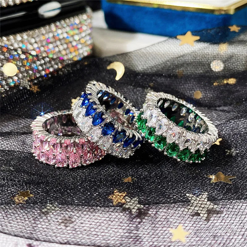 Huitan Fashion Eternity Promise Rings Women Colorful Cubic Zircon Stylish Female Accessories for Party Daily Wear Luxury Jewelry