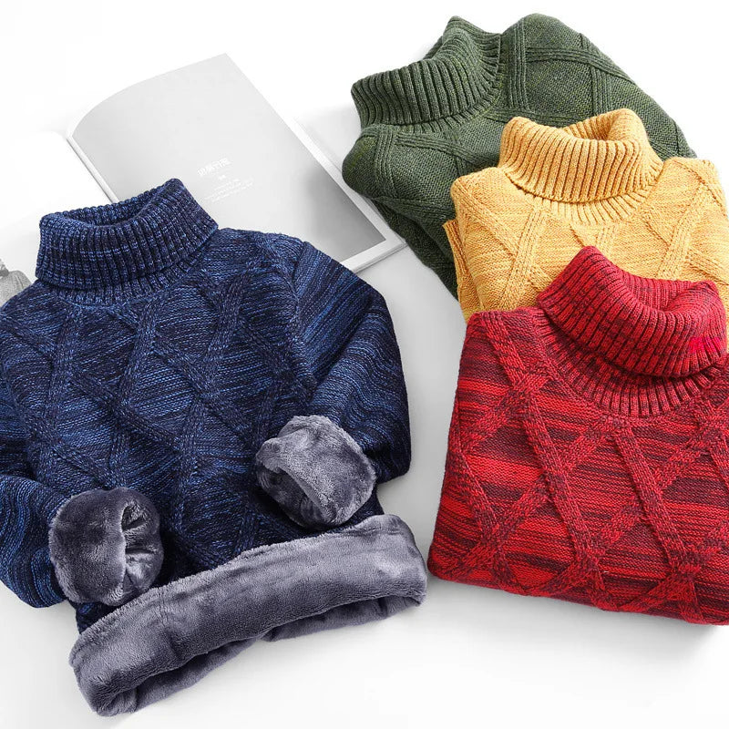 boys Plus velvet Warm turtleneck sweater Pullovers plush inside Thicken sweaters girls Winter Autumn Knitted Loose jacket 2-10Y