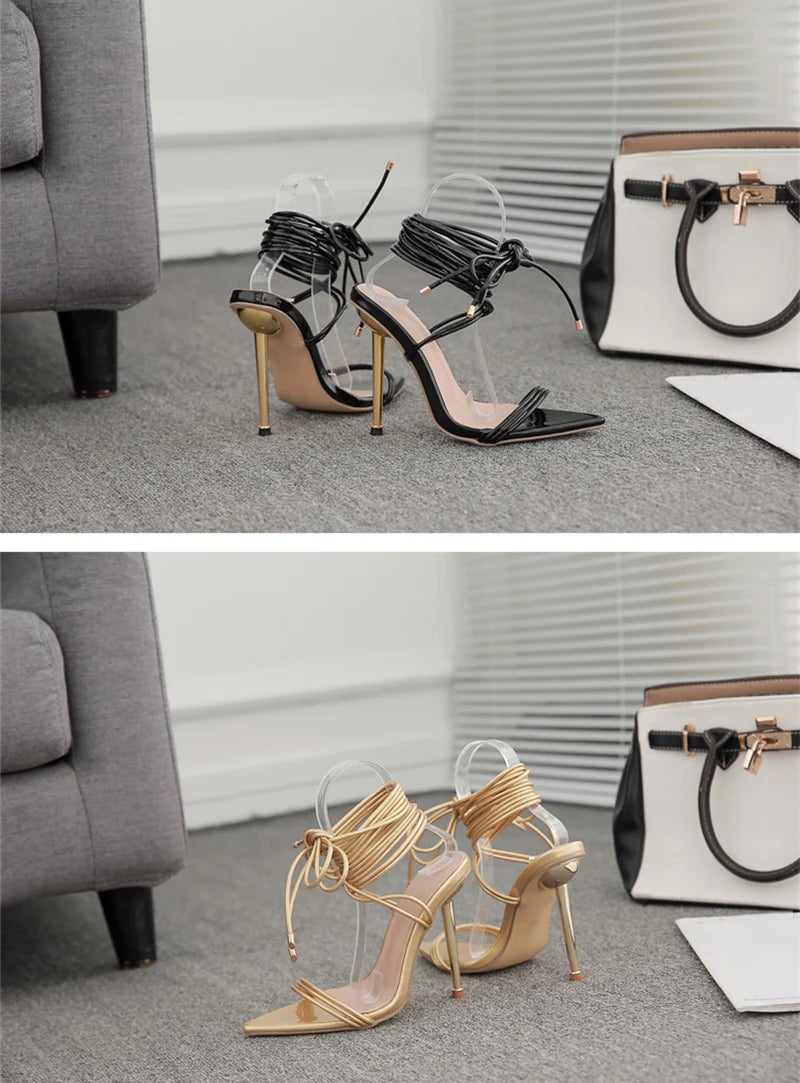 Sommer 12CM Gladiator High-Heel Sandalen für Damen Mode Spitze Offene Zehen Schnür-Stiletto Damen Riemchen-Hochzeitsschuhe Schwarz Rot