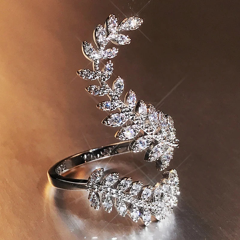 Huitan Graceful Leaves Both End of Open Ring Silver Color Cocktail Party Rings Shine Crystal Zircon Fashion Women Jewelry