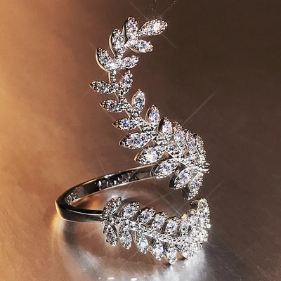 Huitan Graceful Leaves Both End of Open Ring Silver Color Cocktail Party Rings Shine Crystal Zircon Fashion Women Jewelry