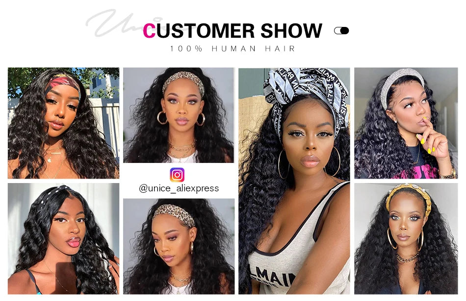 Unice Hair Headband Wig Human Hair Headband Scarf Wig Water Wave Human Hair Wigs for Women No Glue No Sew In Beginner Friendly