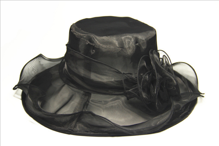 2021 Elegante Damenhüte mit breiter Krempe Sonnenhüte Kirche Hochzeits Derby Party Strand Blumen Mehrlagiger Organza Hut