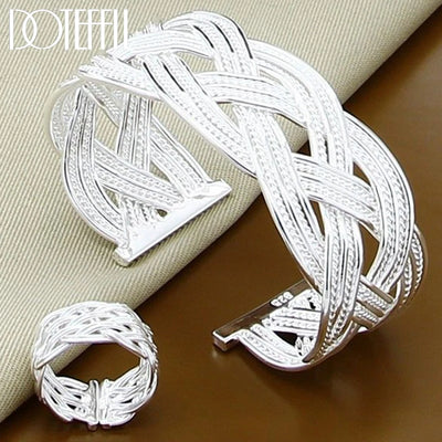DOTEFFIL 925 Sterling Silver Interwoven Web Bangle Ring Set For Woman Wedding Engagement Party Fashion Charm Jewelry