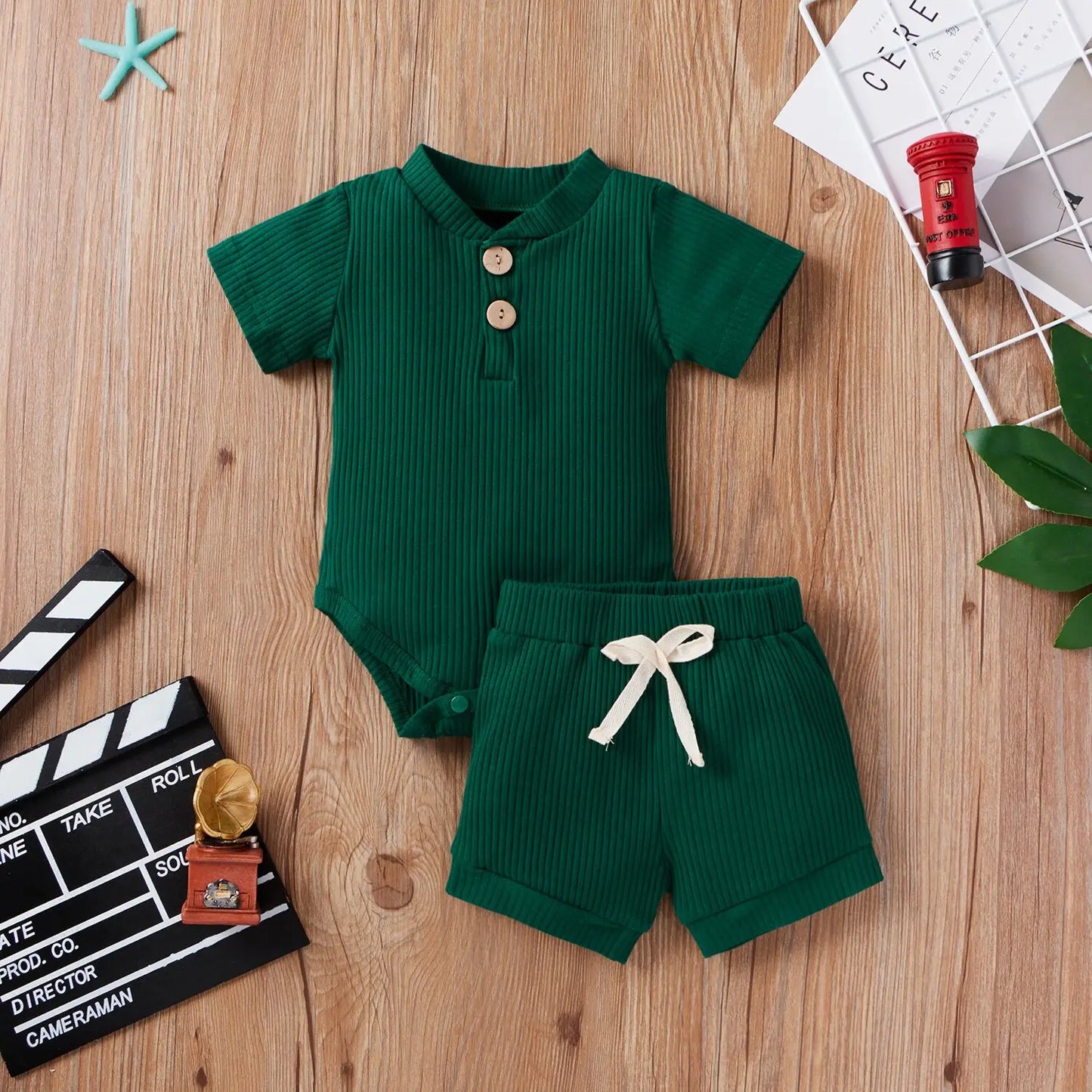 2Pcs Unisex Baby Summer Outfits Suit Solid Color Ribbed Casual Short Sleeves Romper+Elastic Waist Shorts for Toddler Infant