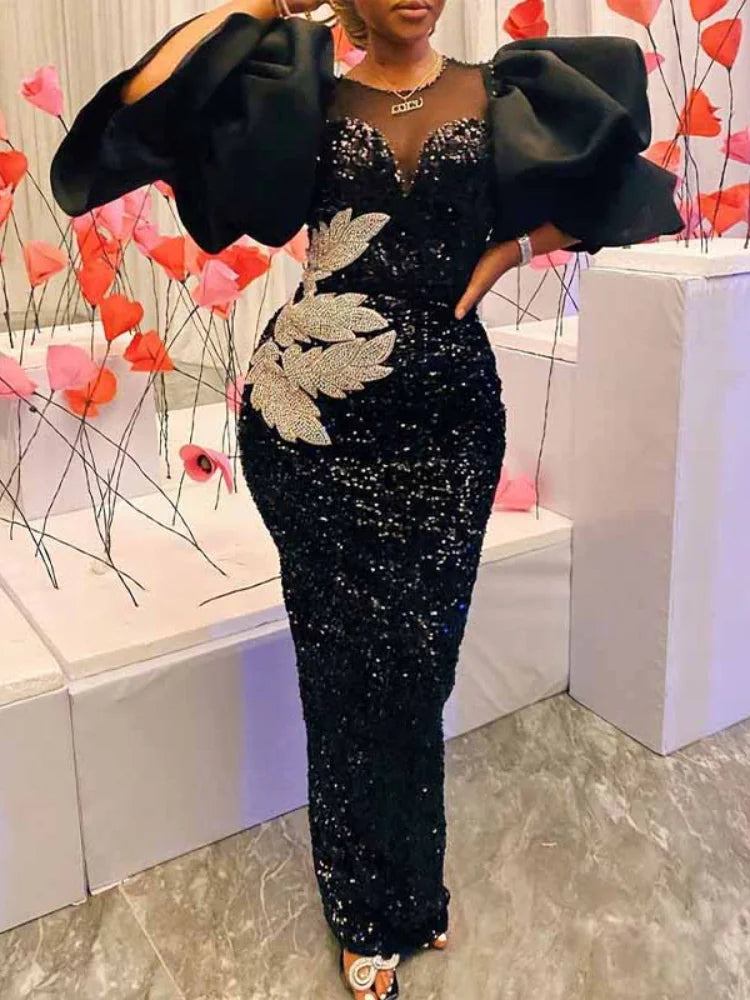 Maßgeschneiderte lange schwarze Kleider Samt Pailletten bestickt Brust gewickelt Puffärmel Kleid Klassische Damen Frühling Herbst Party Promi