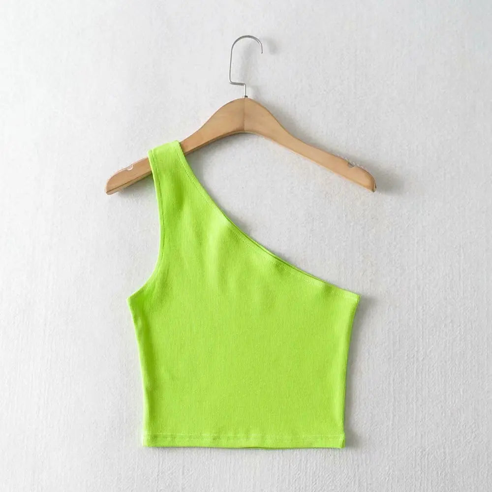 One Shoulder Cropped Tanks Top Women Summer Sleeveless Tanks Camis Sexy Oblique Collar Elastic Corset Slim Crop Tops Tube Lady