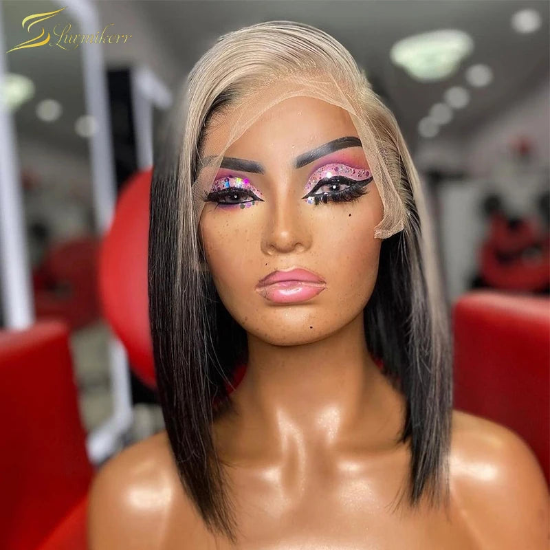 Highlights Schwarz und Weiß Perückenfarbe Vorgezupfter Haaransatz 613 Blonde Kurze Bob 13x4 Echthaar Lace Front Perücken HD Frontal Glatt