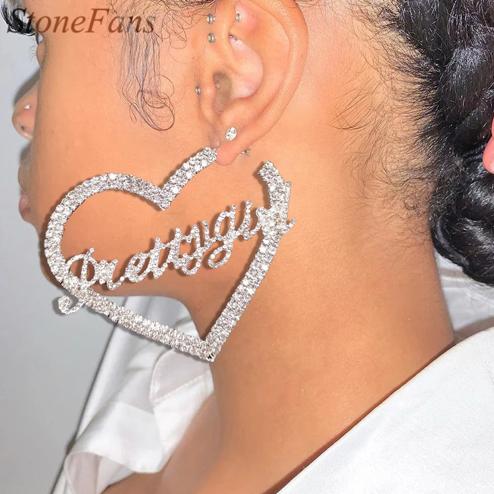 Stonefans Aesthetic Letter Earrings Designer Luxury for Women 2021 Fahsion Jewelry Rhinestone Designer Piercing Heart Earrings