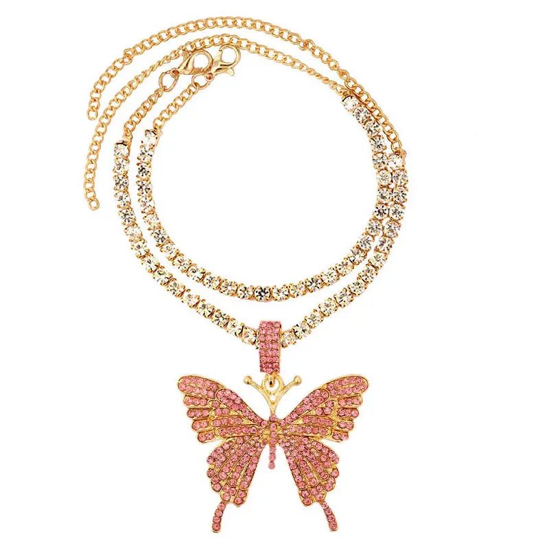Vergoldete Kristall-Strass Schmetterling Anhänger Fußkettchen für Frauen, mehrschichtige große Strass Tennis-Kette Fußschmuck