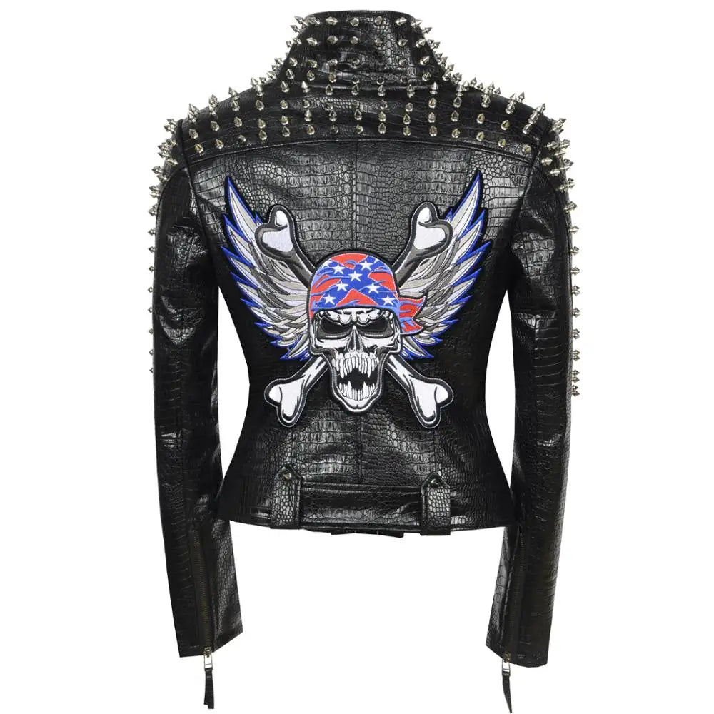 SX Occident Fashion women Club hot style Stud slim fit jacket shoulder rivets zip stitching short PU leather rock coat