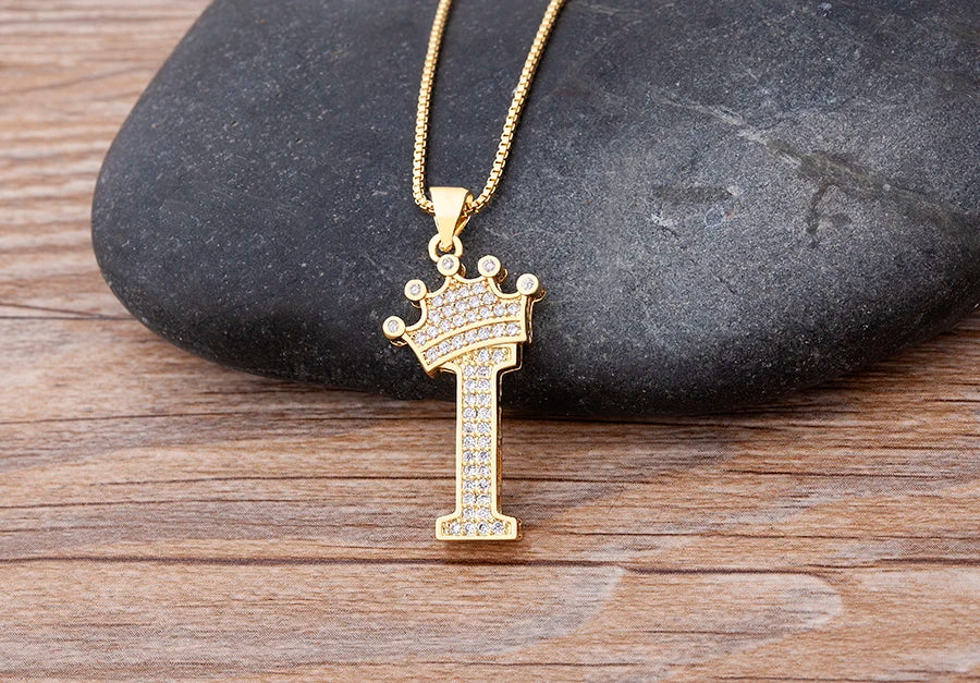 Nidin New Luxury Copper Zircon A-Z Crown Alphabet Pendant Chain Necklace Hip-Hop Style Fashion Woman Man Initial Name Jewelry