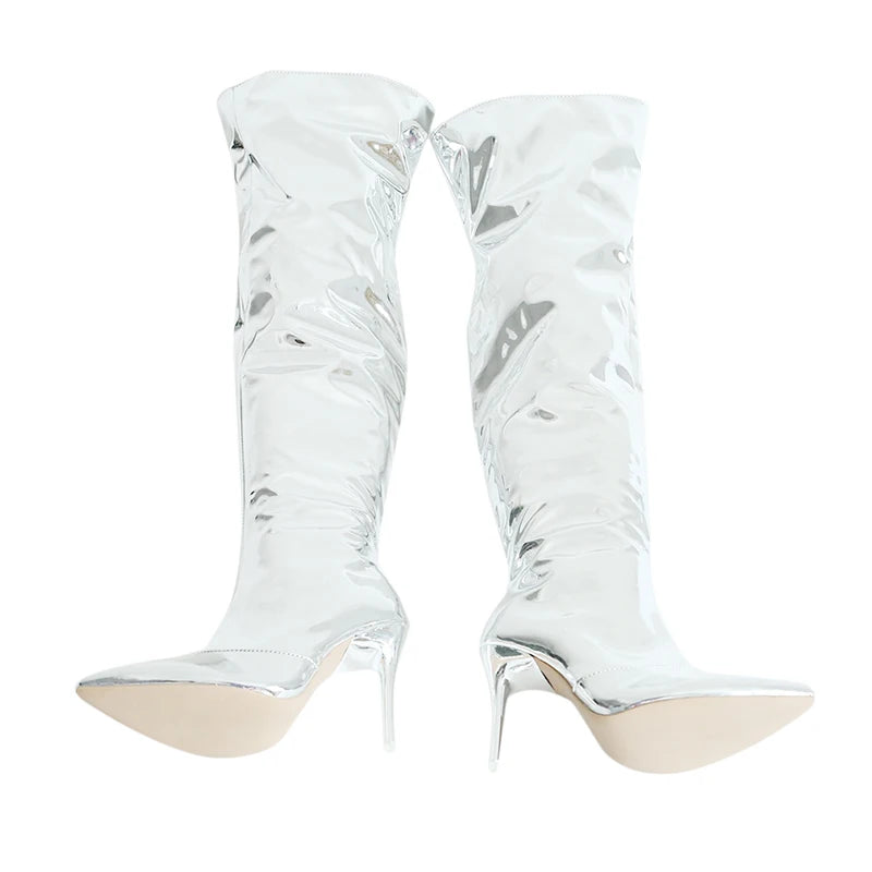 Women Sexy Silver Mirror Thigh High Boots T Show Pointy Toe Club Party Shoes Thin High Heels Over The Knee Long Boots For Women
