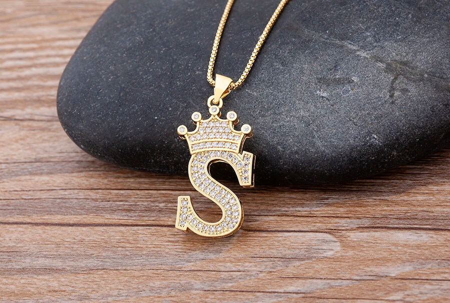 Nidin New Luxury Copper Zircon A-Z Crown Alphabet Pendant Chain Necklace Hip-Hop Style Fashion Woman Man Initial Name Jewelry