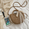 Straw Bag Women Hand-Woven Handbag Moon Shape Lace Bow Rattan Bag Big Capacity Drawstring Casual Beach Shoulder Crossbody Bag