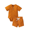 2Pcs Unisex Baby Summer Outfits Suit Solid Color Ribbed Casual Short Sleeves Romper+Elastic Waist Shorts for Toddler Infant