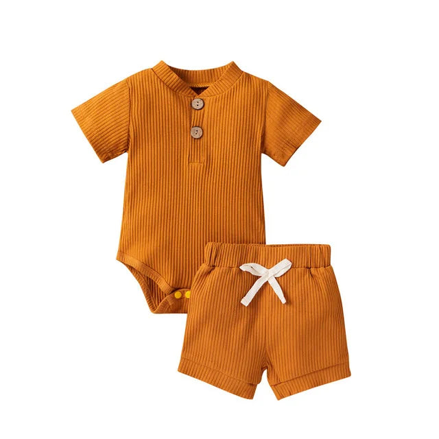 2Pcs Unisex Baby Summer Outfits Suit Solid Color Ribbed Casual Short Sleeves Romper+Elastic Waist Shorts for Toddler Infant